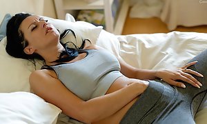 Sporty brunette gets really horny and masturbates everywhere